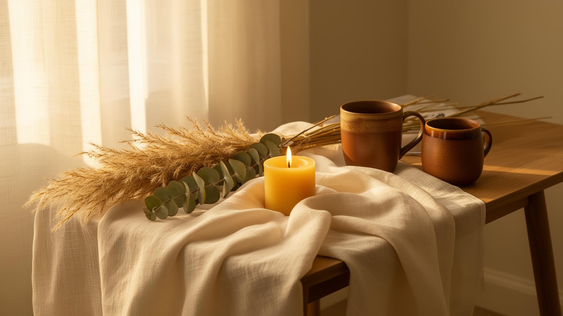 A candlelit linen-draped table with dried grasses and warm ceramic mugs